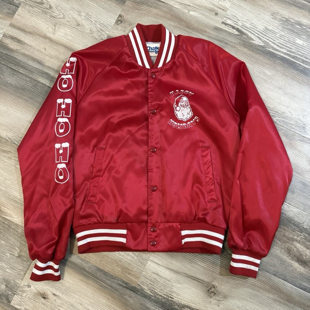 Chalk Line Happy Holidays Red Satin Bomber Jacket Santa Christmas Size S Vintage